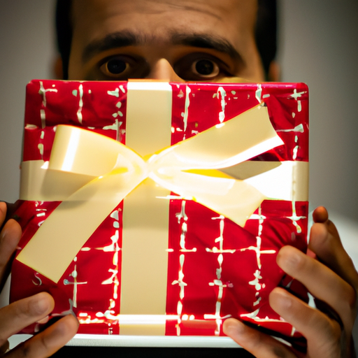 תמונה של אדם מחזיק קופסת מתנה עטופה יפה, פניו משקפות תערובת של שמחה ועצב